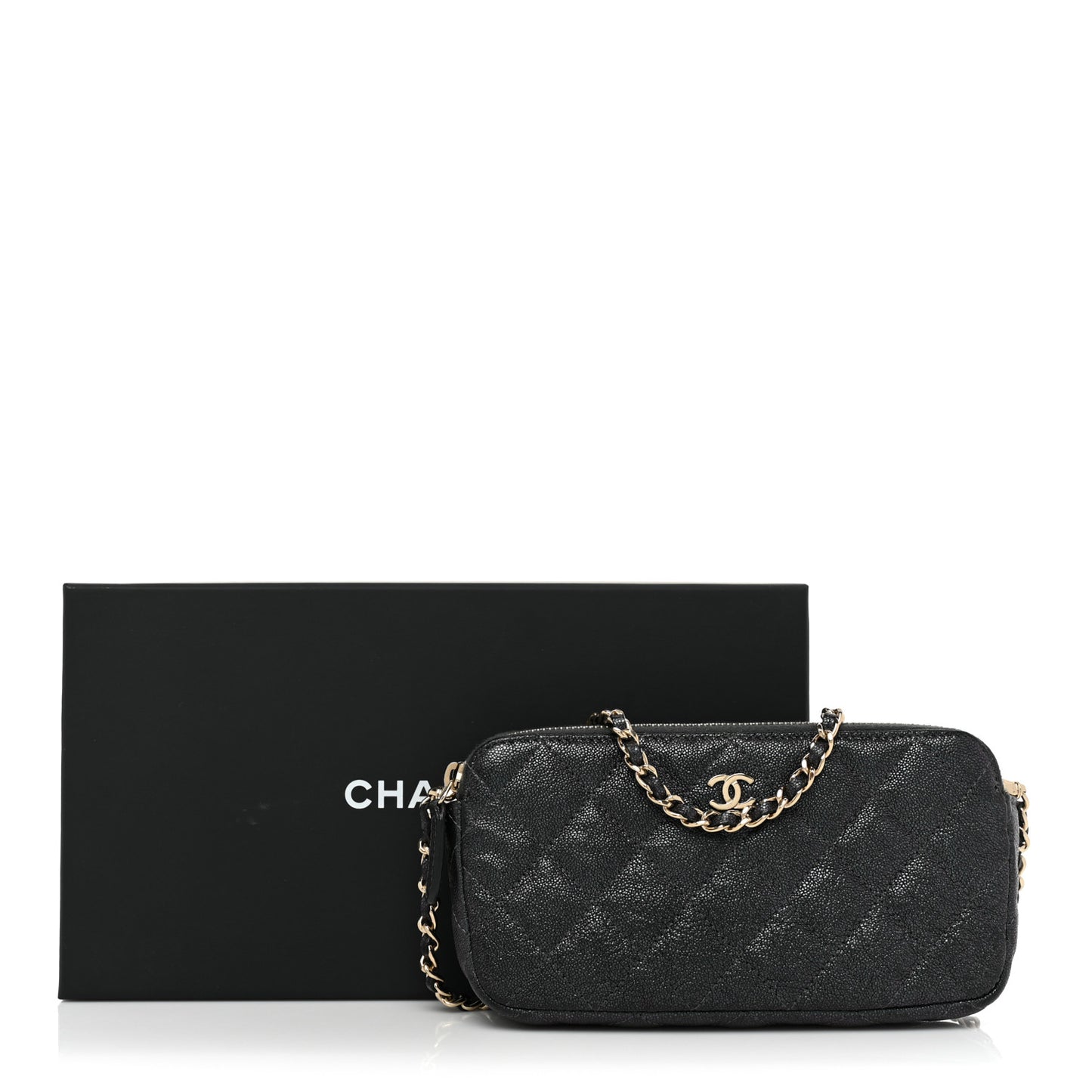 Iridescent Caviar Quilted Small Clutch With Chain Black