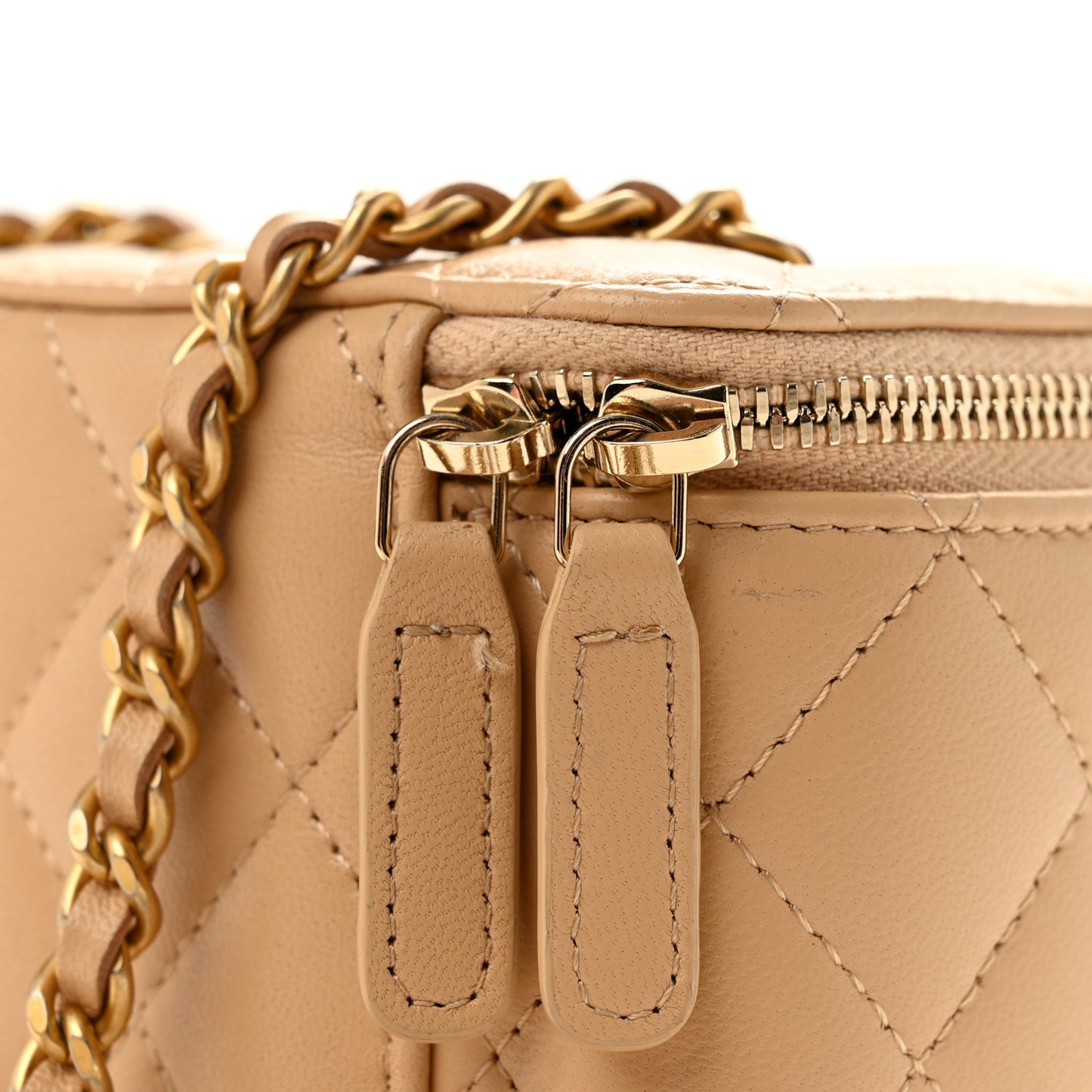 Lambskin Quilted Pearl Crush Mini Vanity Case With Chain Beige