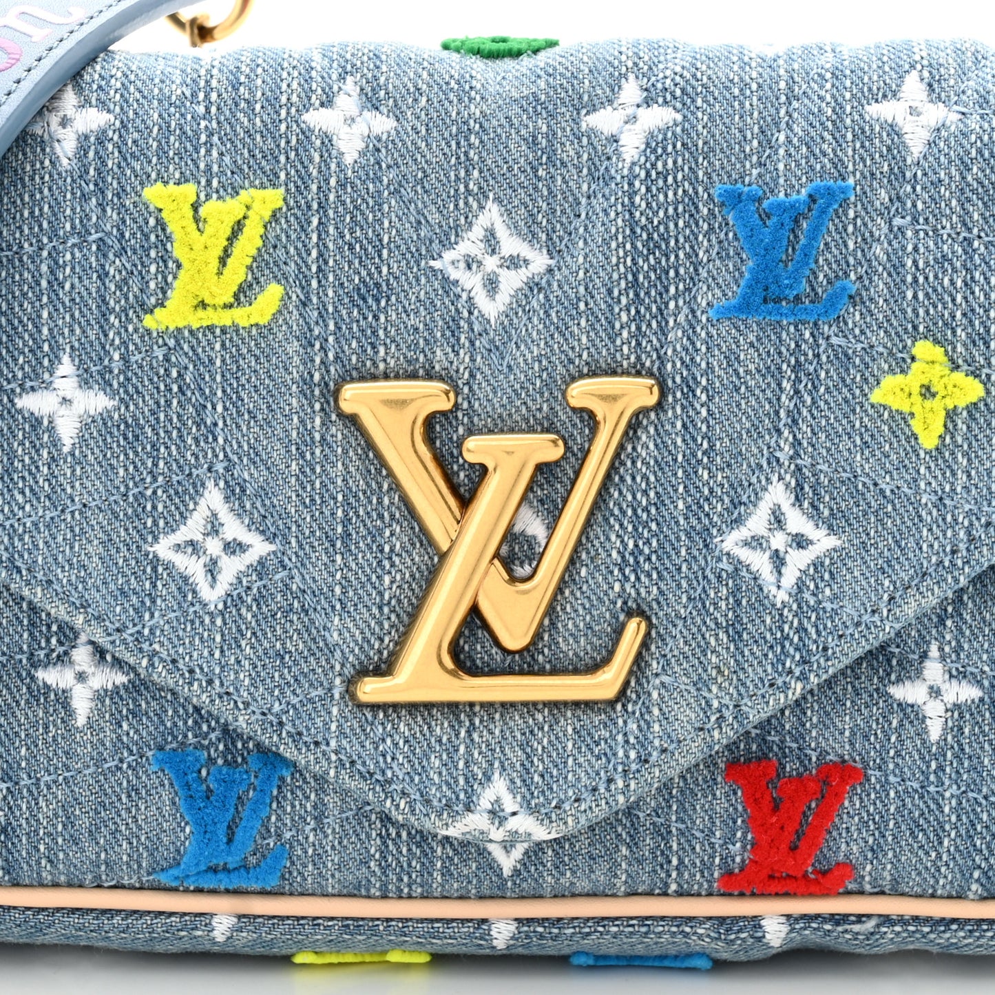 Embroidered Monogram Denim New Wave Chain Pochette Blue