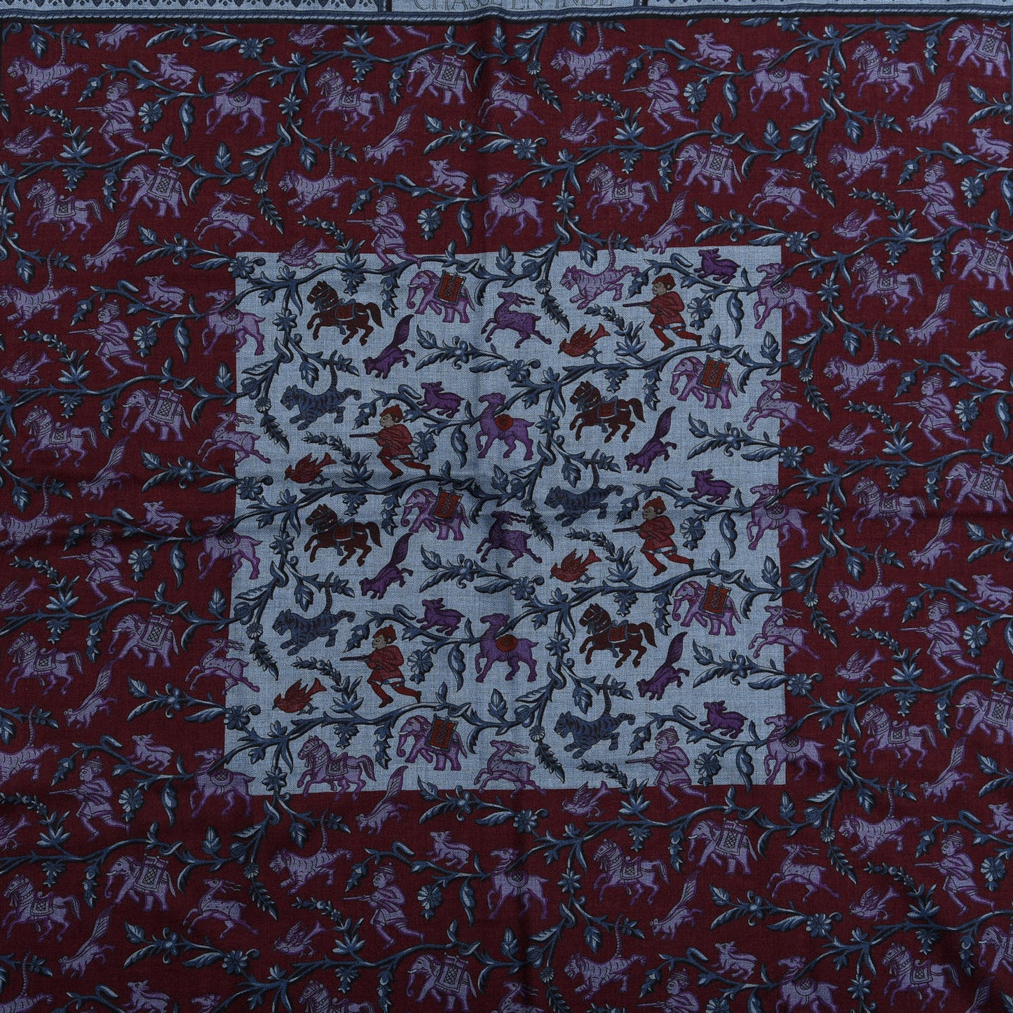 Cashmere Silk Chasse En Inde Shawl 140 Bleu Chine Violet Blue Jean