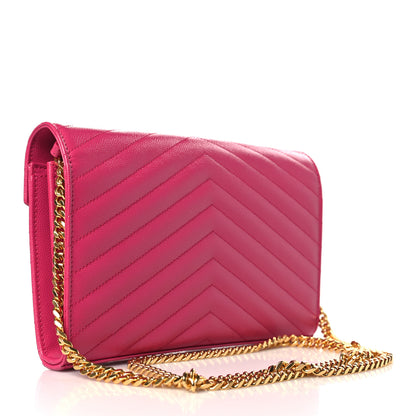 Saint Laurent Grain De Poudre Matelasse Chevron Monogram Chain Wallet Lipstick Fuchsia 3 of 9