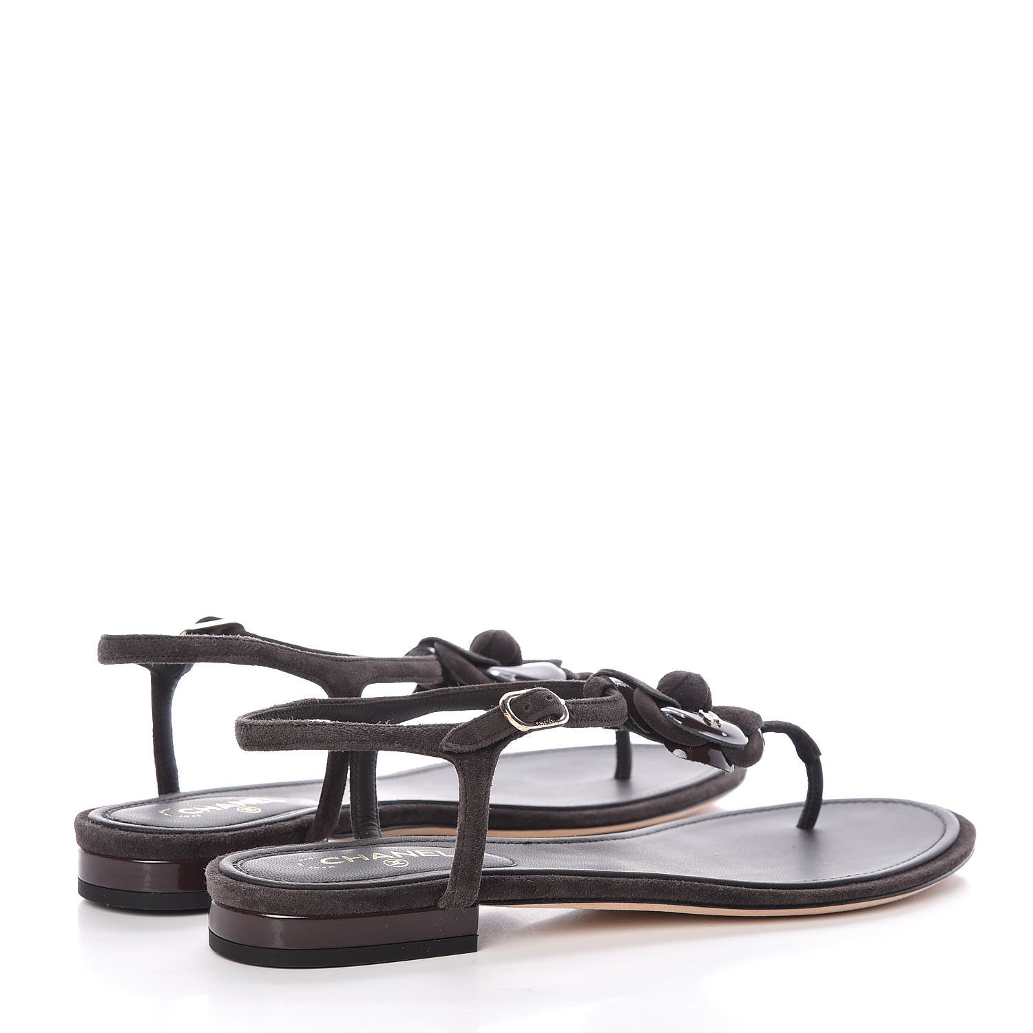 Chanel Suede Patent Calfskin Camellia Thong Sandals 38 Dark Brown 4 of 10
