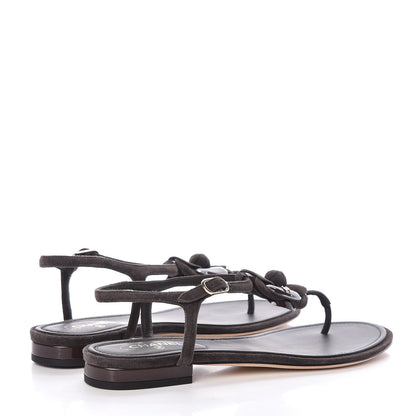 Chanel Suede Patent Calfskin Camellia Thong Sandals 38 Dark Brown 4 of 10