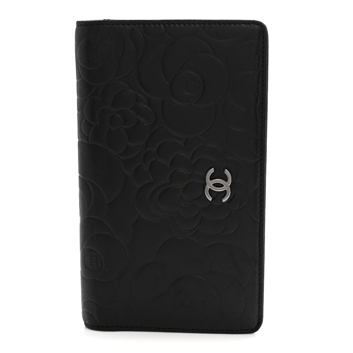Chanel Lambskin Camellia Embossed Yen Wallet Black 1 of 8
