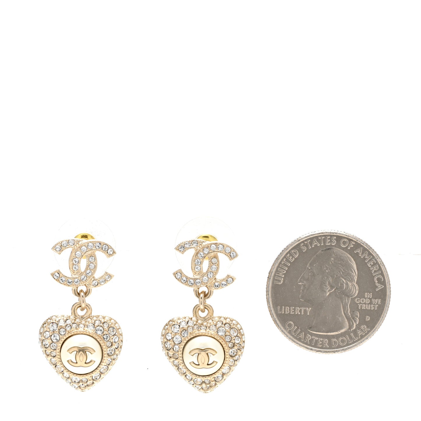 Pearl Crystal CC Heart Drop Earrings Gold White