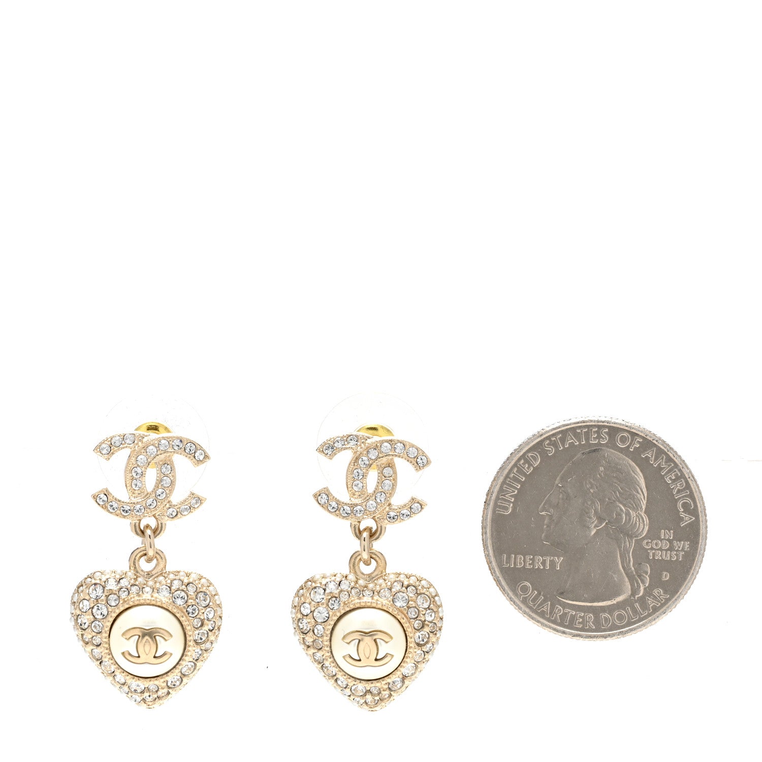 Chanel Pearl Crystal CC Heart Drop Earrings Gold White 2 of 5