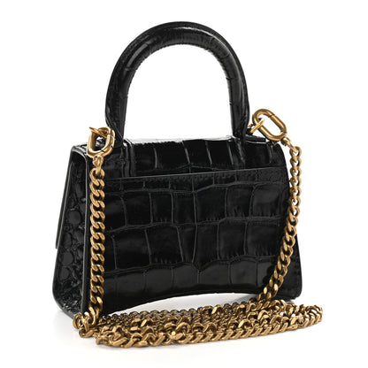 Balenciaga Shiny Calfskin Crocodile Embossed Hourglass Top Handle Bag Mini with Chain Black 3 of 8