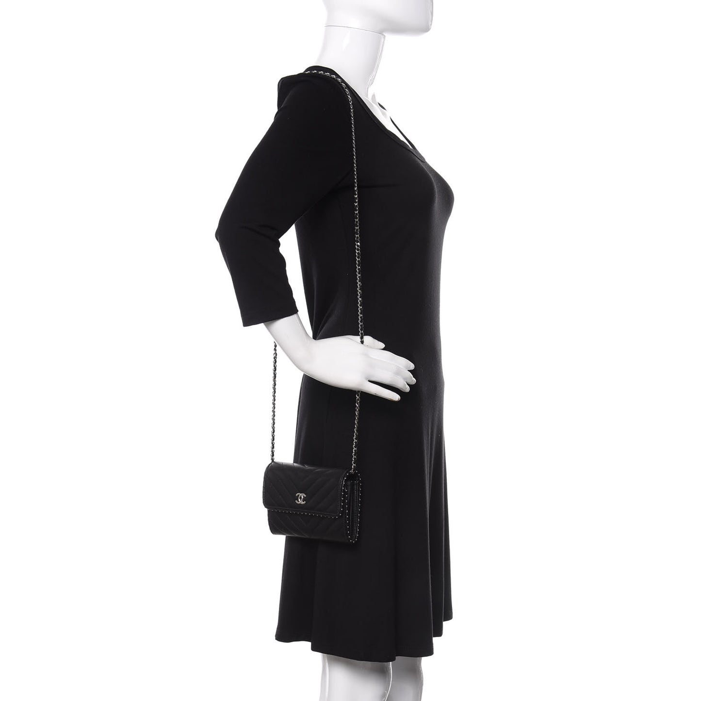 Lambskin Chevron Quilted Studded Clutch With Chain WOC Black