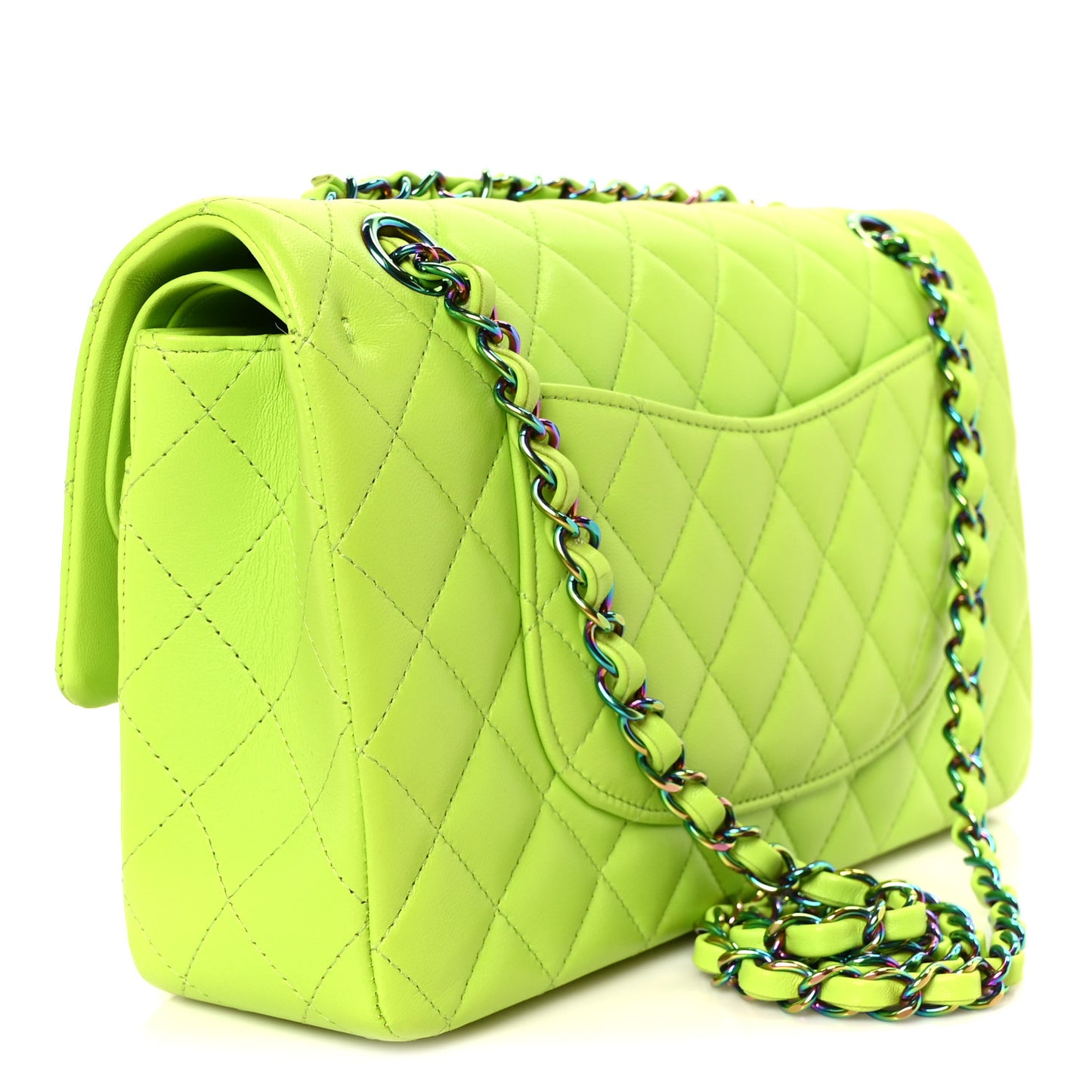 Lambskin Quilted Rainbow CC Medium Double Flap Neon Green Neon Green