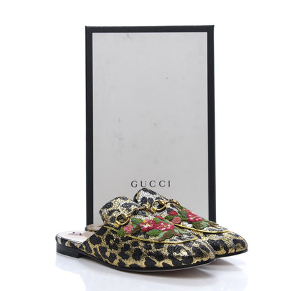 Gucci Lurex Jacquard Leopard Embroidered Womens Princetown Slippers 39.5 Black Gold 9 of 9