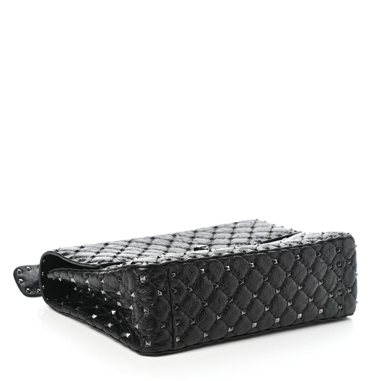 Craquele Nappa Large Rockstud Spike Shoulder Bag Black