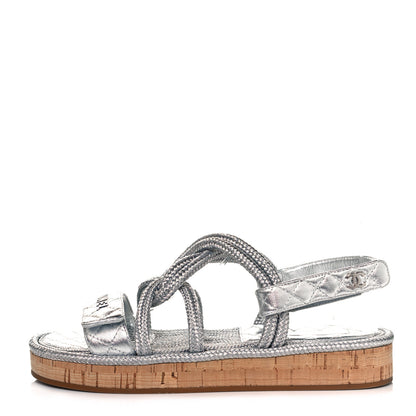Chanel Metallic Cord Lambskin Quilted Logo Sandals 40 Silver 1 of 7