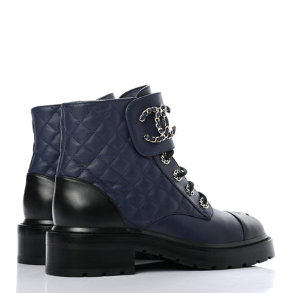 Chanel Lambskin Calfskin Quilted Lace Up Combat Boots 39 Navy 4 of 8