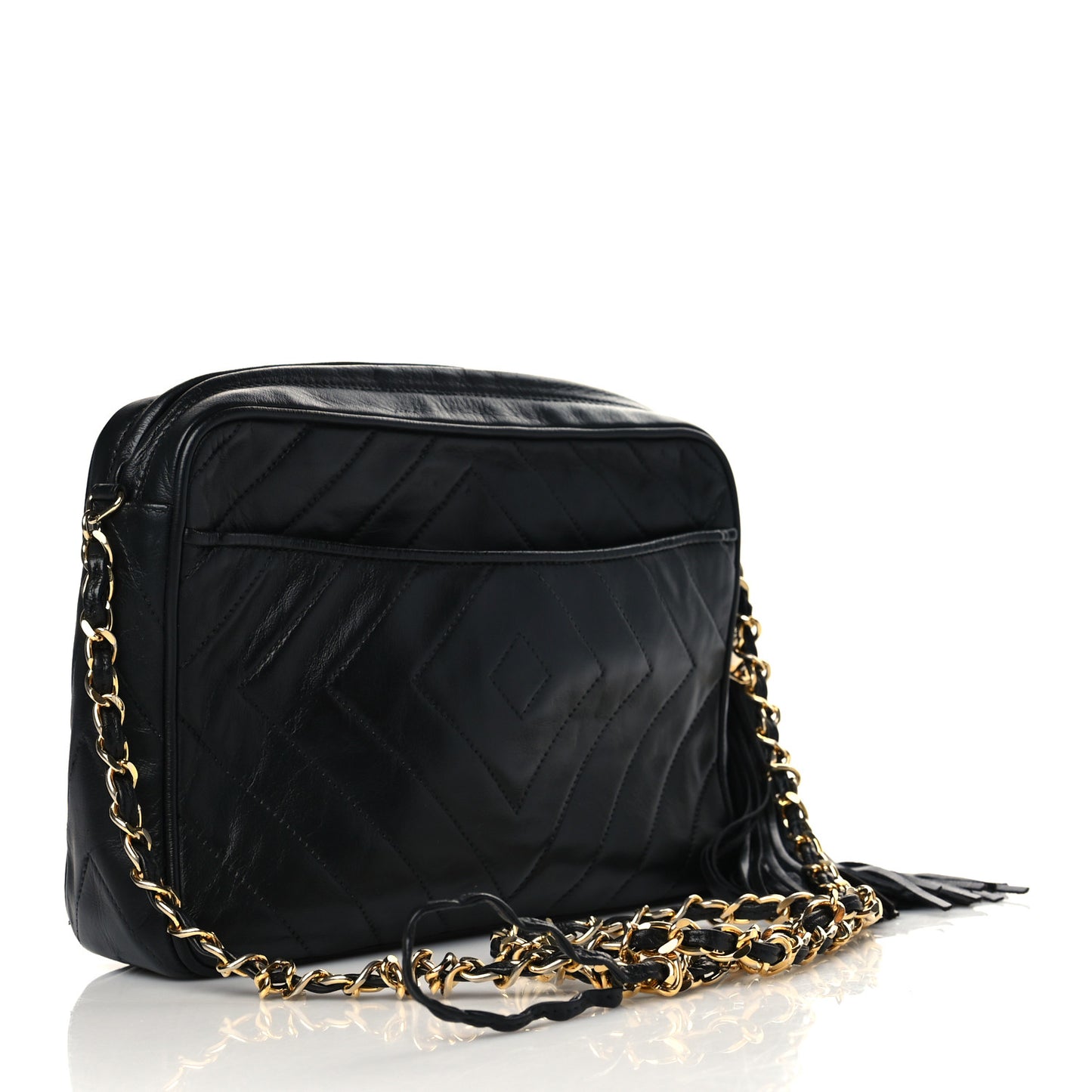 Lambskin Chevron Quilted Tassel Camera Case Black