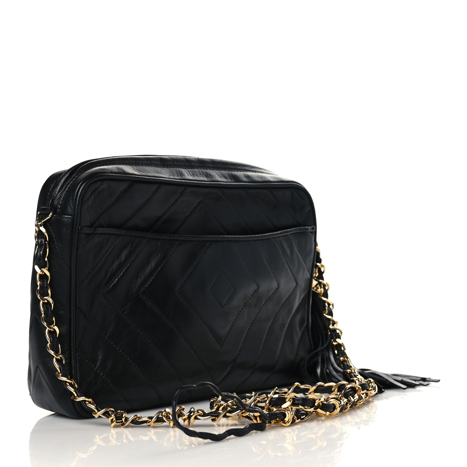 Chanel Lambskin Chevron Quilted Tassel Camera Case Black 3 of 10