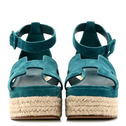 Hermes Suede Goatskin Elda Espadrille Wedge Sandals 38 Vert Oxford 3 of 10