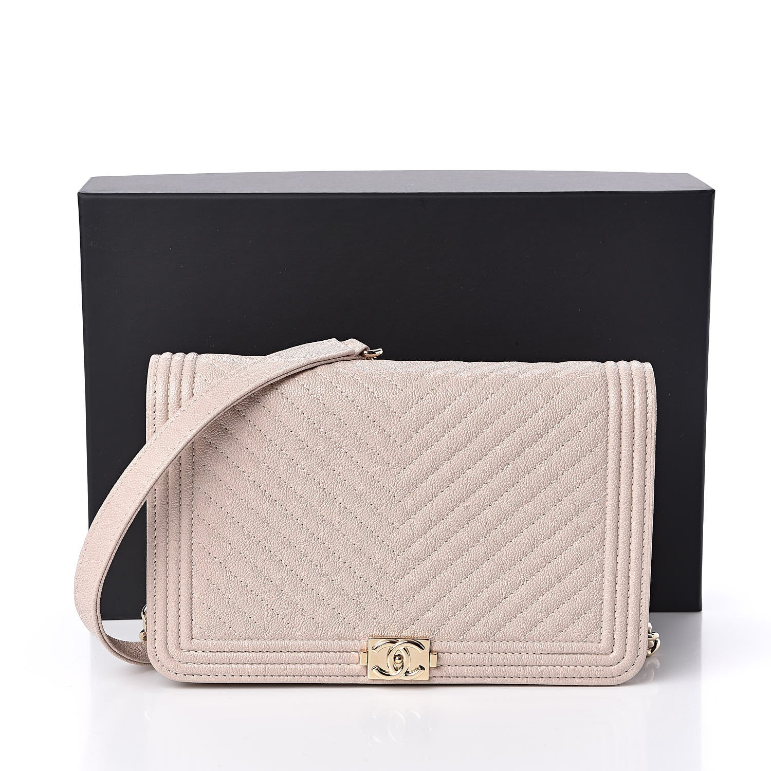 Chanel Caviar Chevron Quilted Boy Wallet On Chain WOC Light Beige 12 of 12
