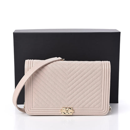 Chanel Caviar Chevron Quilted Boy Wallet On Chain WOC Light Beige 12 of 12