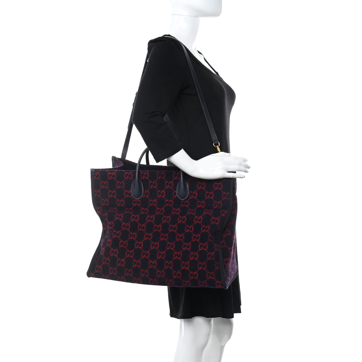 Covered Wool Textured Dollar Calfskin GG Monogram Large Tote Bag Blue Red