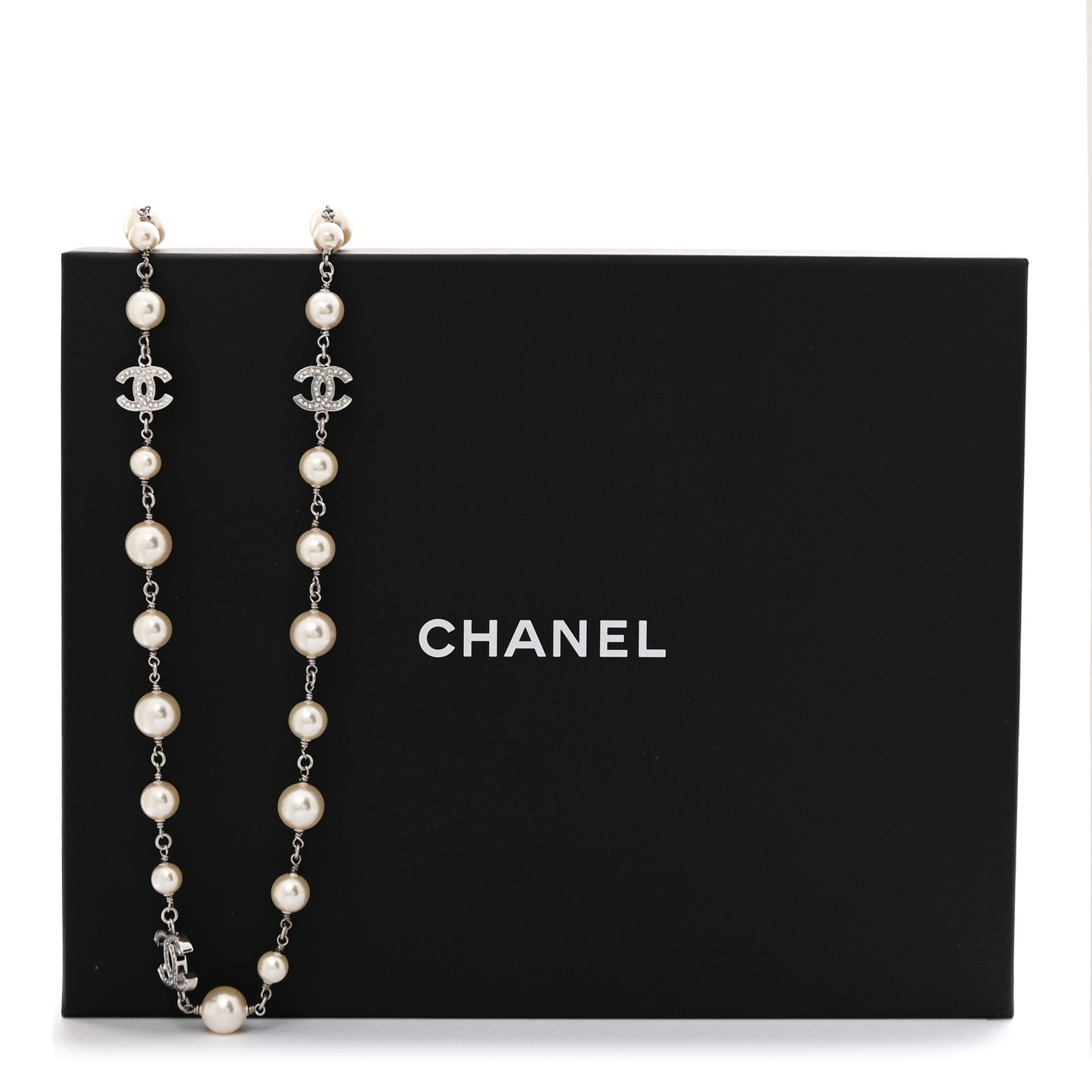 Crystal Pearl CC Long Necklace Silver