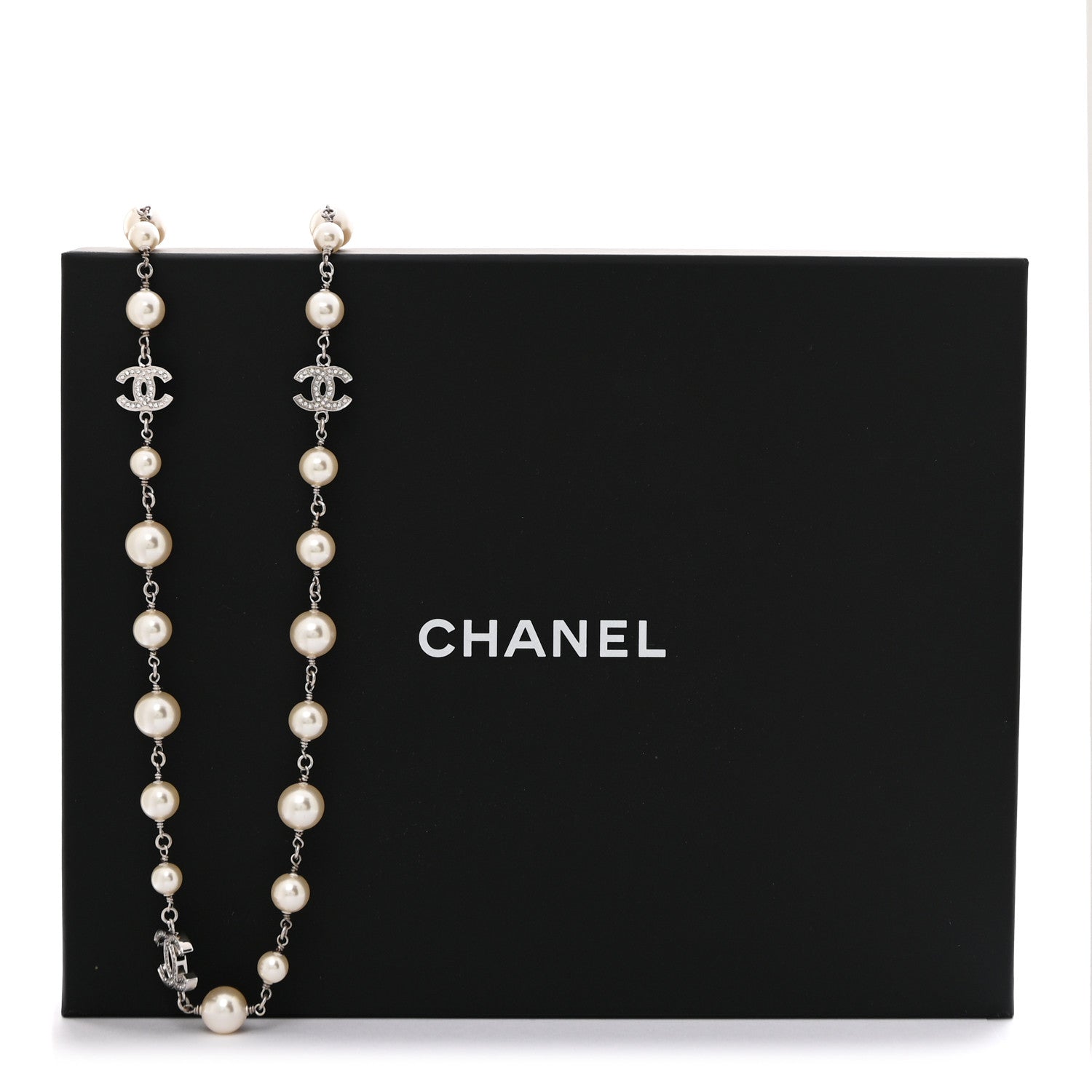 Chanel Crystal Pearl CC Long Necklace Silver 7 of 7