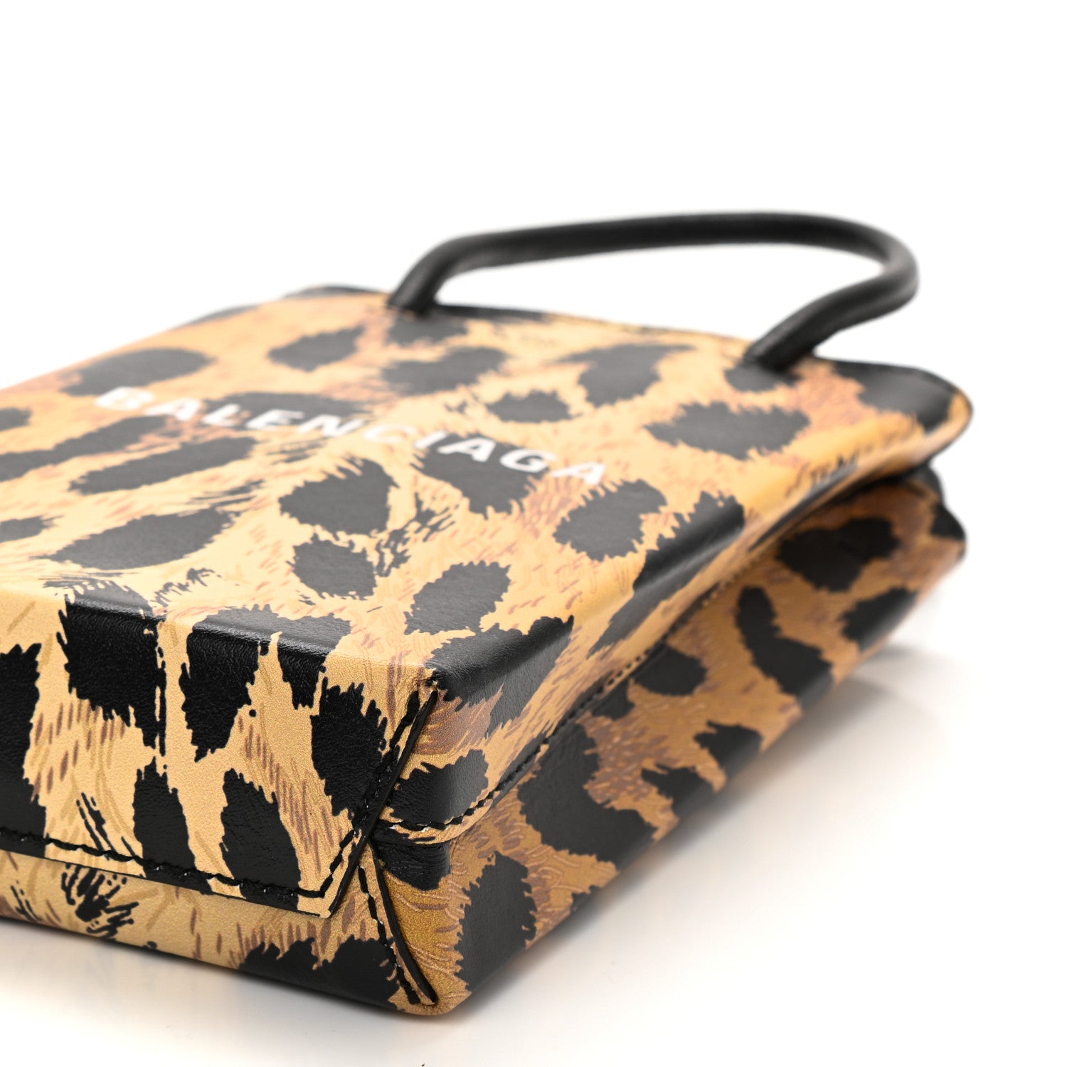 Balenciaga Smooth Calfskin Leopard Print Logo Shopping Phone Holder Bag Beige Black 9 of 9