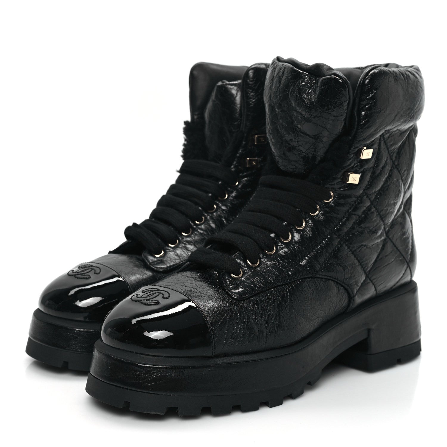 Chanel Crumpled Patent Lambskin Calfskin Quilted Lace Up Combat Boots 41.5 Black 3 of 9