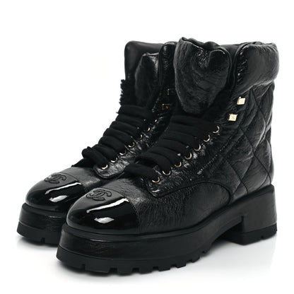 Chanel Crumpled Patent Lambskin Calfskin Quilted Lace Up Combat Boots 41.5 Black 3 of 9