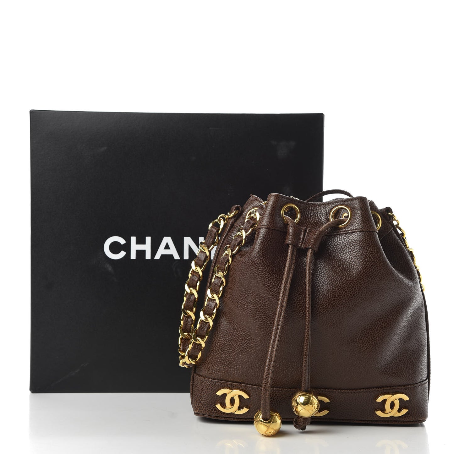 Caviar Drawstring Bucket Bag Brown
