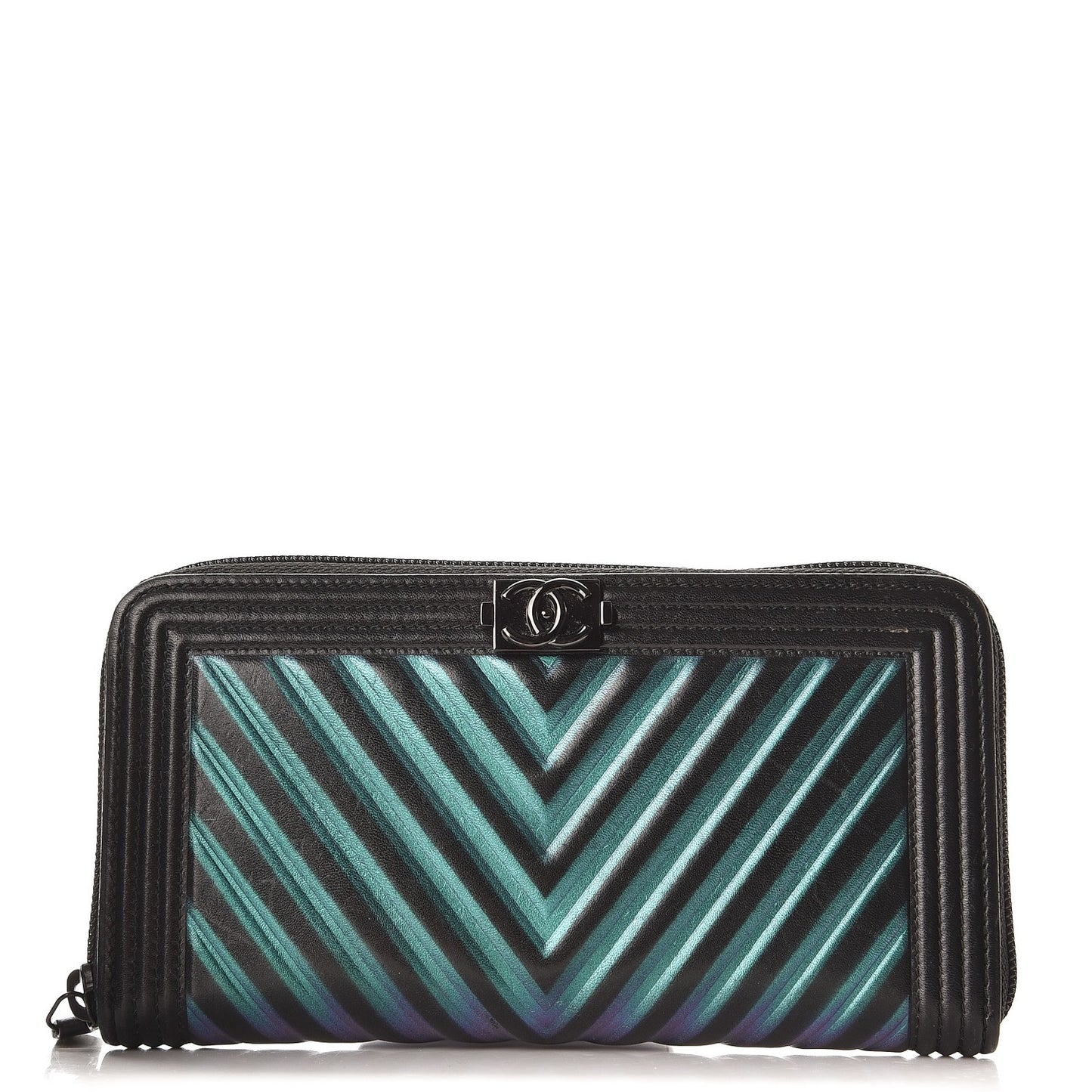 Calfskin Painted Chevron Embossed Large Boy Zip Wallet Black