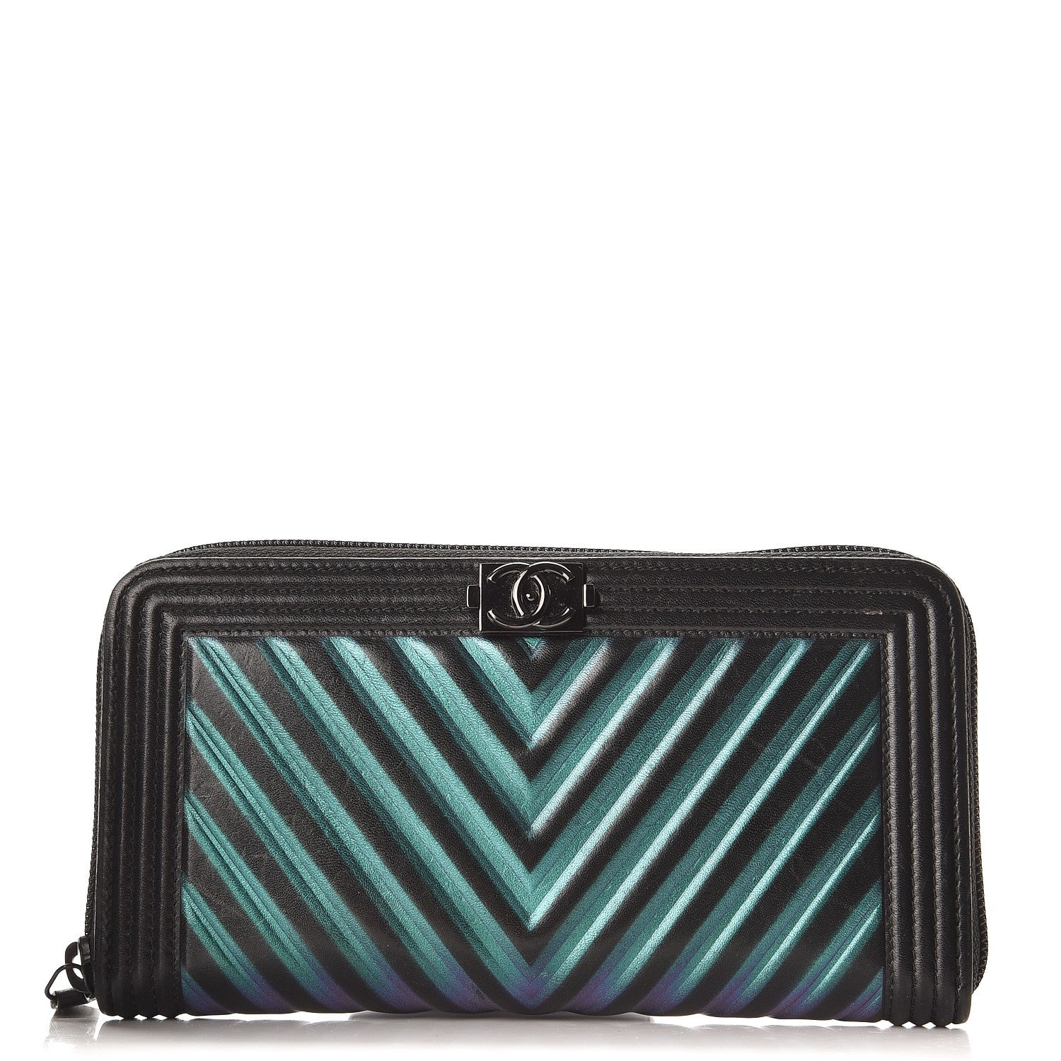 Chanel Calfskin Painted Chevron Embossed Large Boy Zip Wallet Black 1 of 9