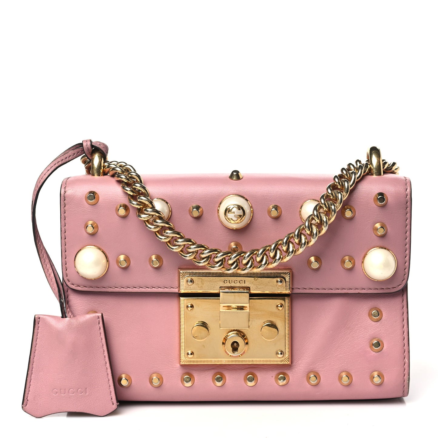 Calfskin Studded Small Padlock Shoulder Bag Carmine Rose