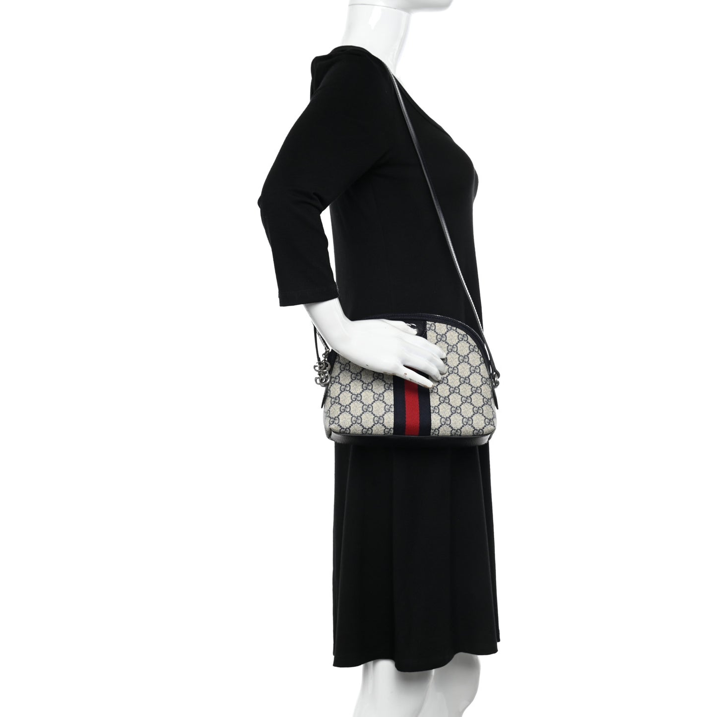 GG Supreme Monogram Textured Dollar Calfskin Web Small Ophidia Dome Shoulder Bag Beige Blue