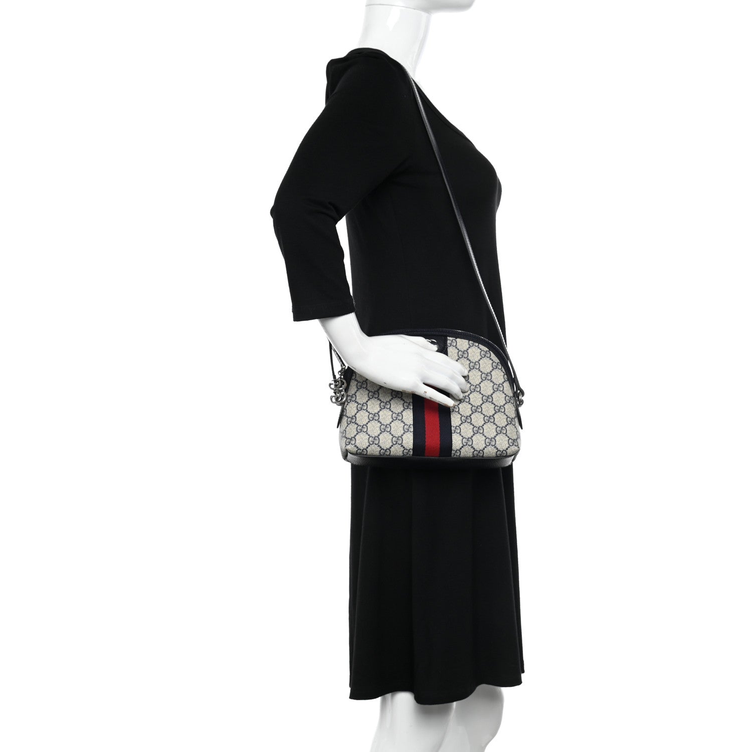 Gucci GG Supreme Monogram Textured Dollar Calfskin Web Small Ophidia Dome Shoulder Bag Beige Blue 2 of 10