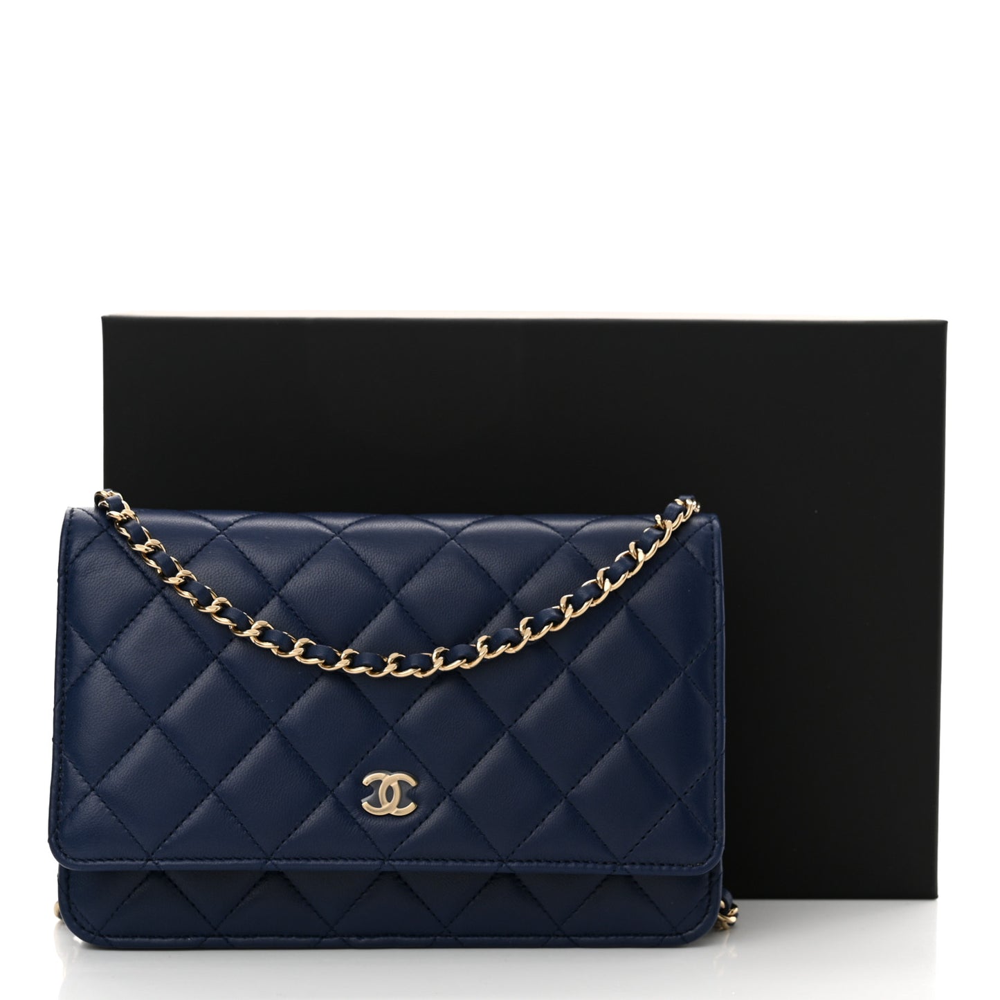 Lambskin Quilted Wallet On Chain WOC Dark Blue