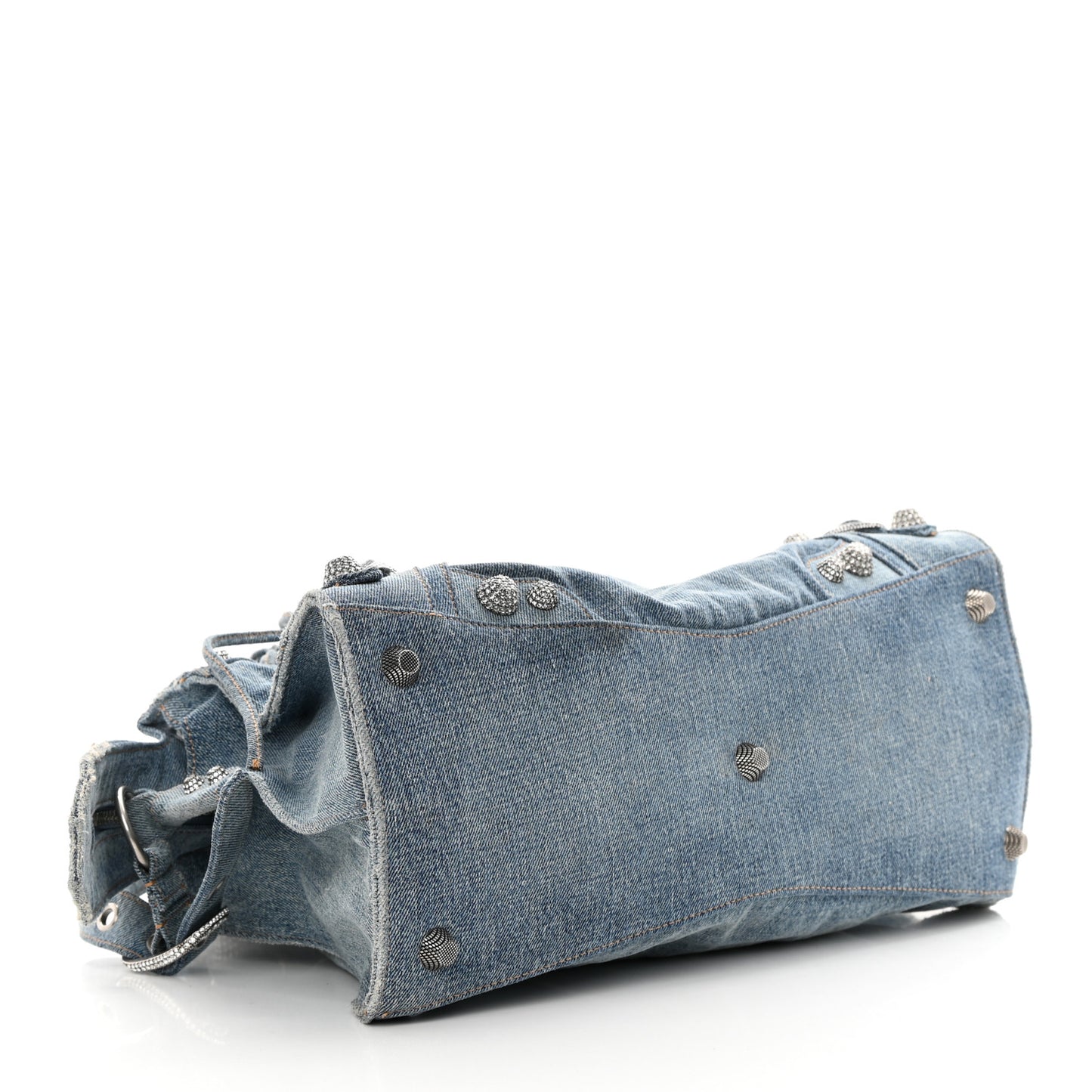 Washed Frayed Denim Crystal Neo Cagole City Handbag Blue