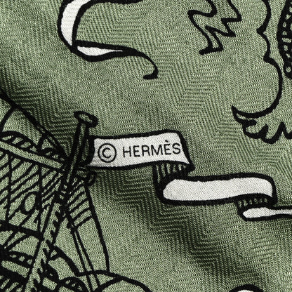 Hermes Cashmere Silk Tatouages Marins Bandana Shawl 140 Kaki Clair Bleu Glacier Black 4 of 5