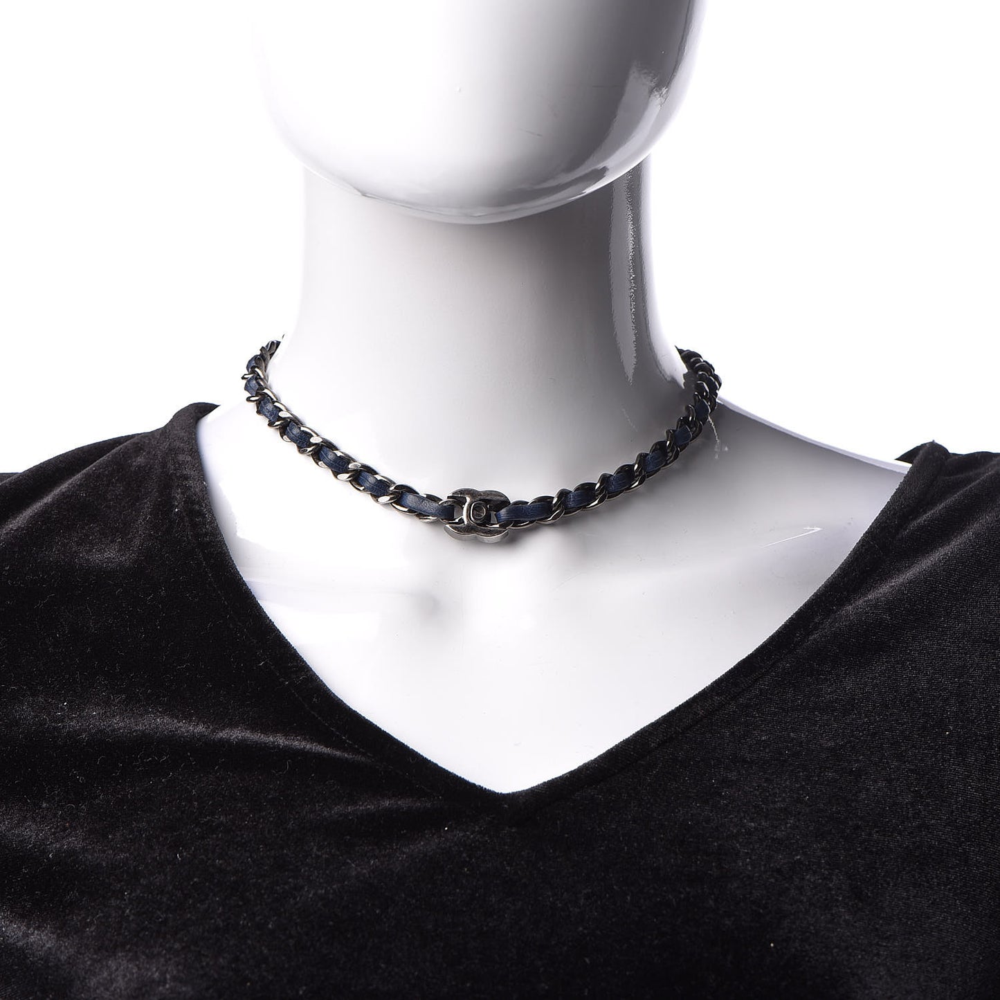 Lambskin CC Turnlock Choker Necklace Navy Blue