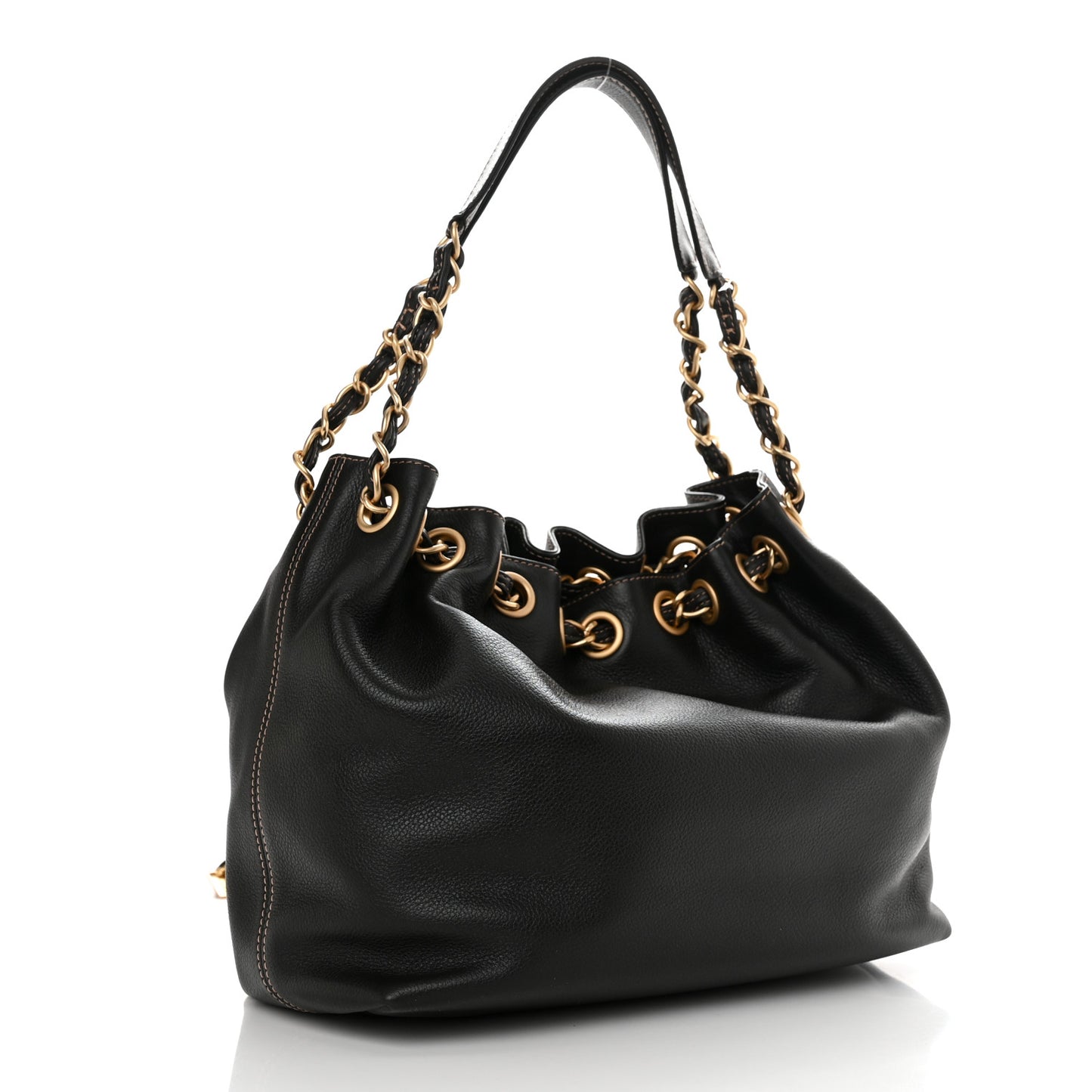 Grained Calfskin CC Drawstring Bucket Bag Black