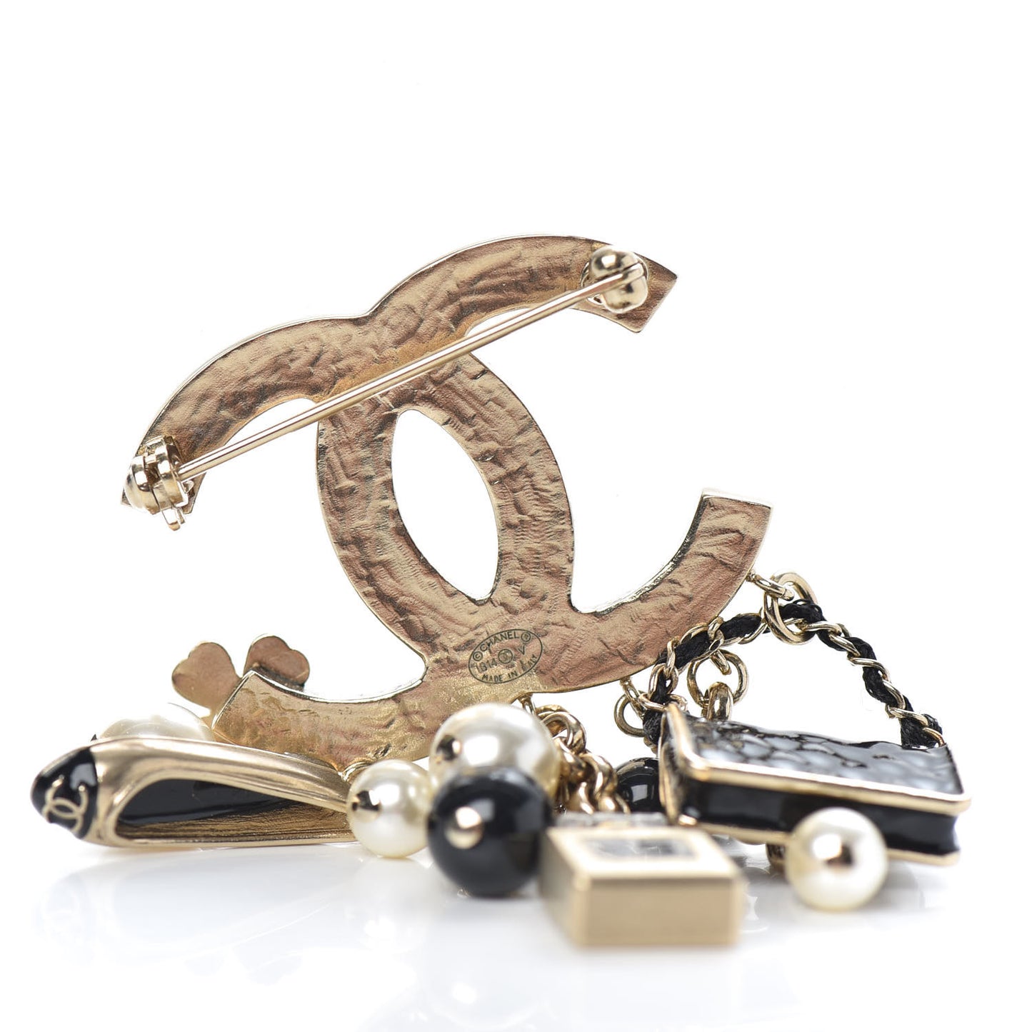 Enamel Pearl CC Charms Brooch Black Gold