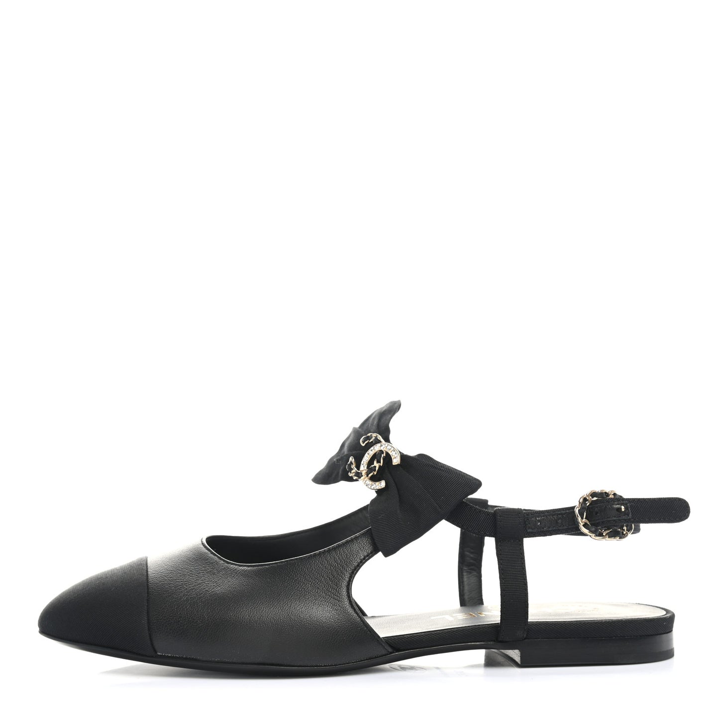 Lambskin Grosgrain Crystal Chain CC Logo Bow Slingback Flats 36 Black
