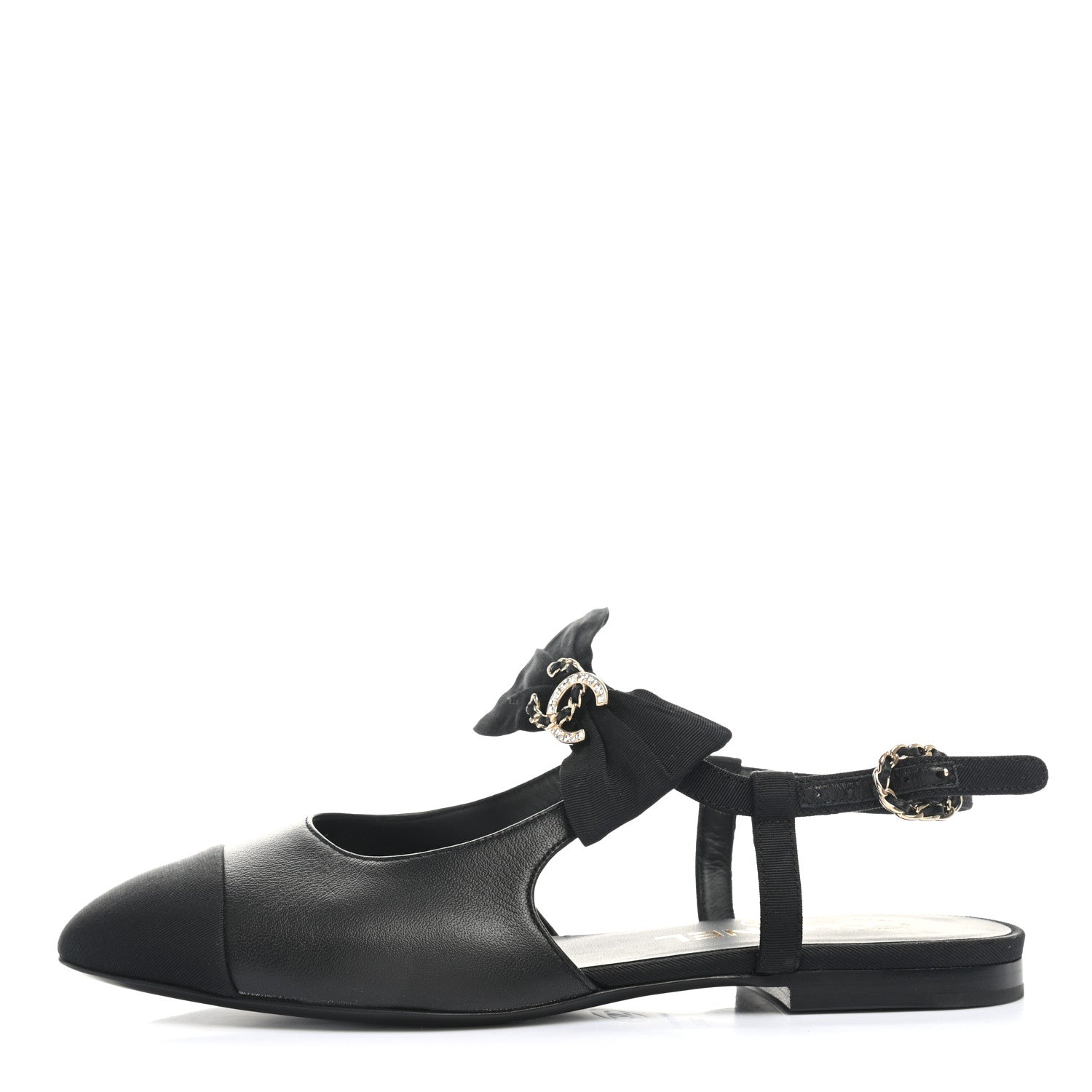 Chanel Lambskin Grosgrain Crystal Chain CC Logo Bow Slingback Flats 36 Black 1 of 8