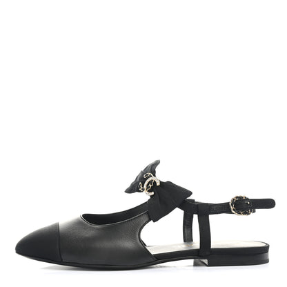 Chanel Lambskin Grosgrain Crystal Chain CC Logo Bow Slingback Flats 36 Black 1 of 8