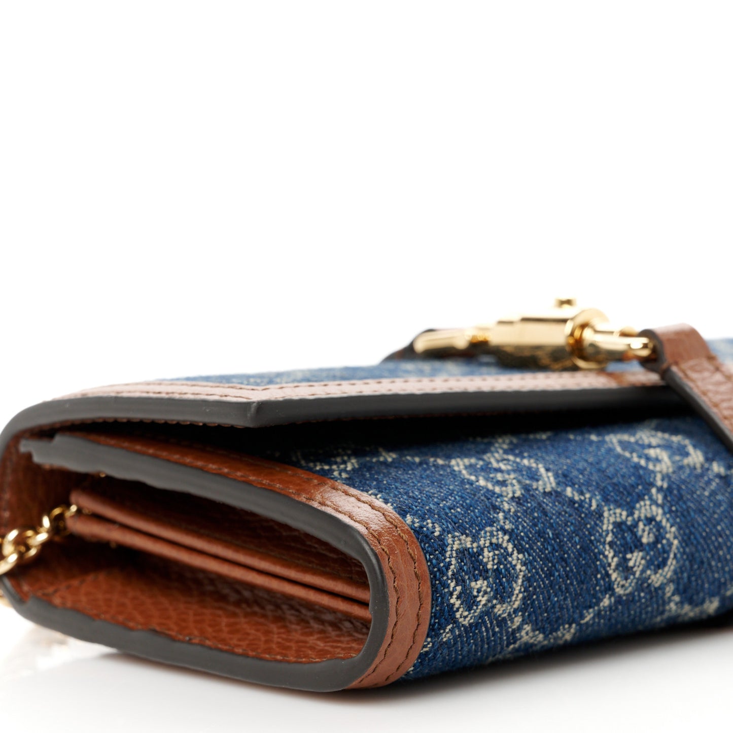 New Denim GG Monogram Jackie 1961 Chain Wallet Blue Tea Cuir