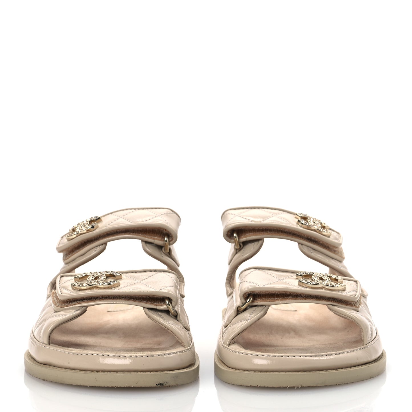 Shiny Calfskin Crystal Quilted Velcro Dad CC Slide Sandals 38 Light Beige