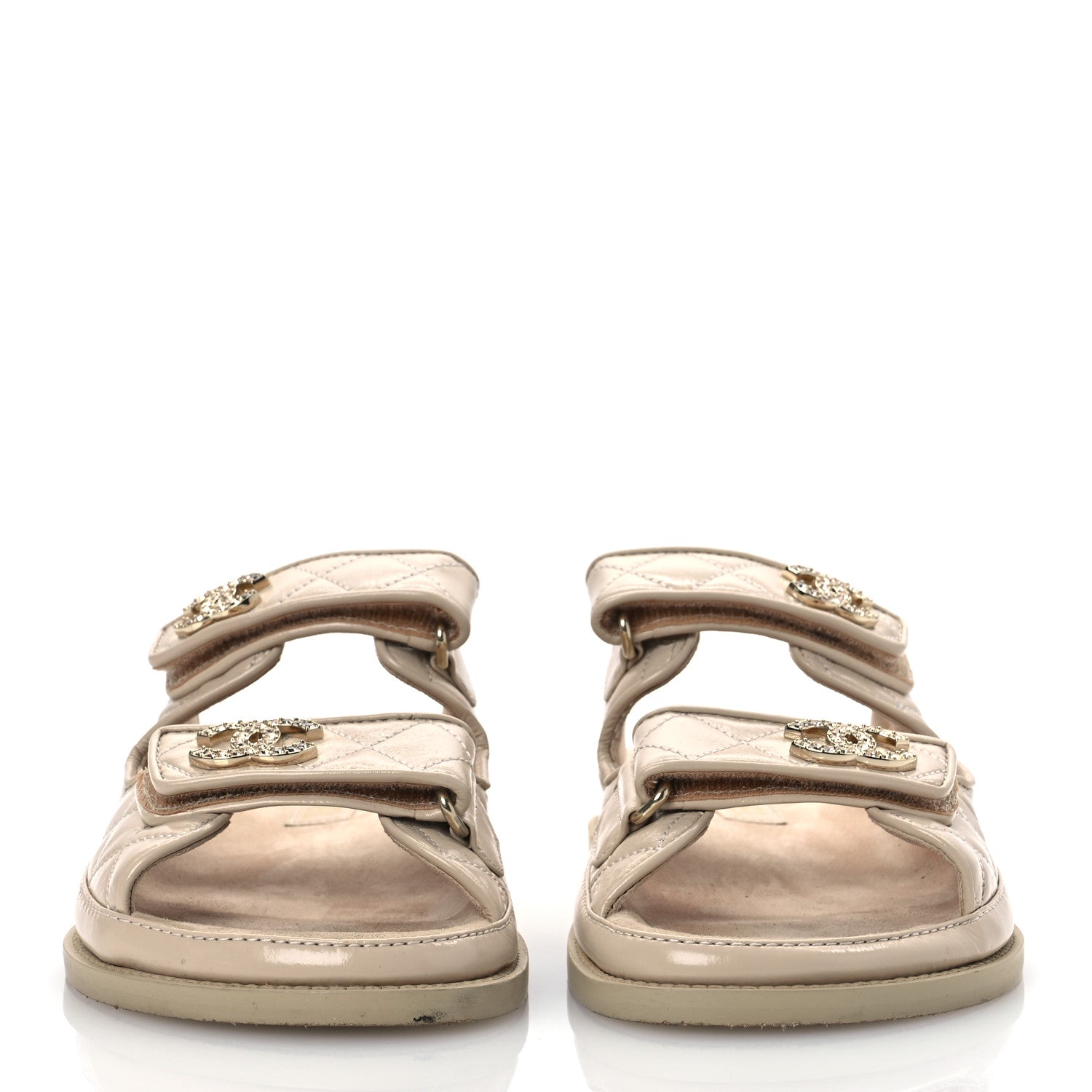 Chanel Shiny Calfskin Crystal Quilted Velcro Dad CC Slide Sandals 38 Light Beige 3 of 14