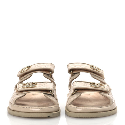 Chanel Shiny Calfskin Crystal Quilted Velcro Dad CC Slide Sandals 38 Light Beige 3 of 14