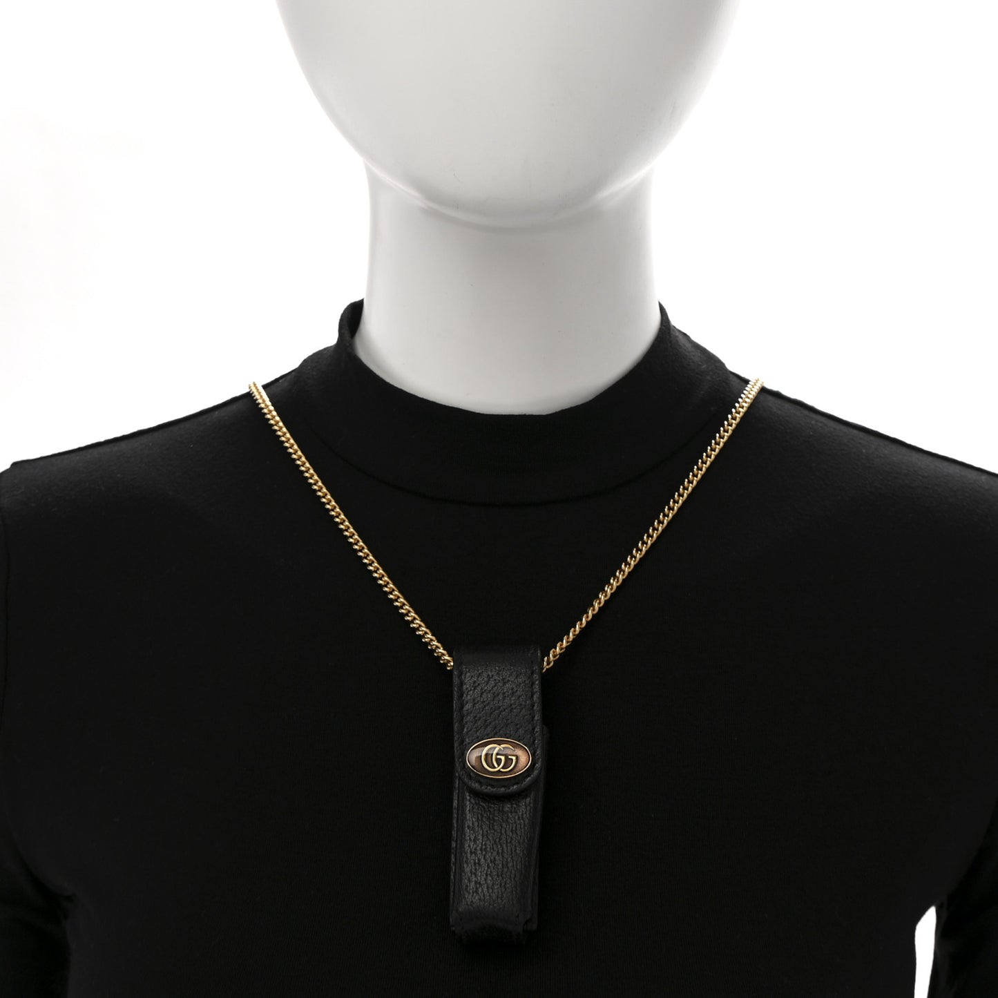 Textured Dollar Calfskin Enamel GG Lipstick Holder Necklace Black