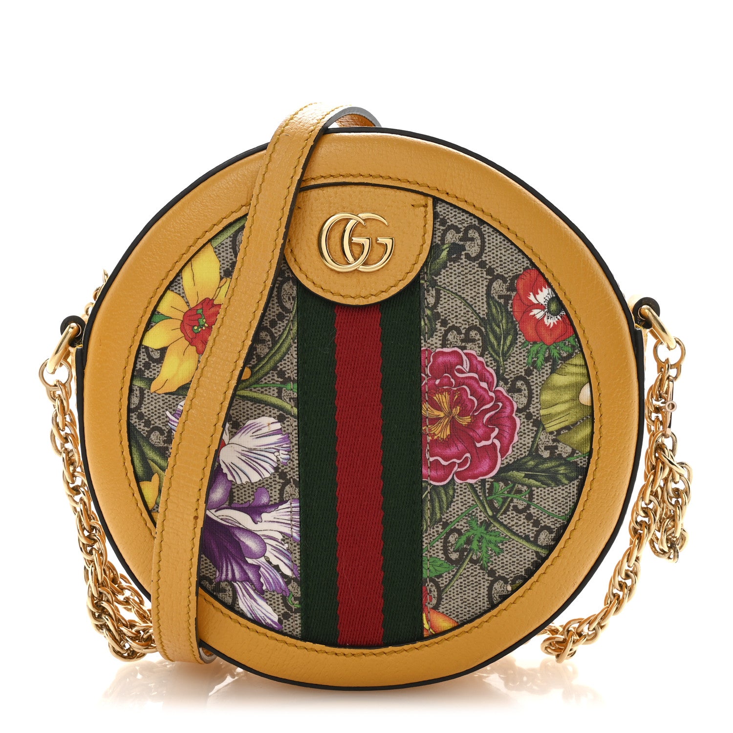Gucci GG Supreme Monogram Flora Web Mini Ophidia Round Shoulder Bag Beige Multicolor Crop 1 of 12
