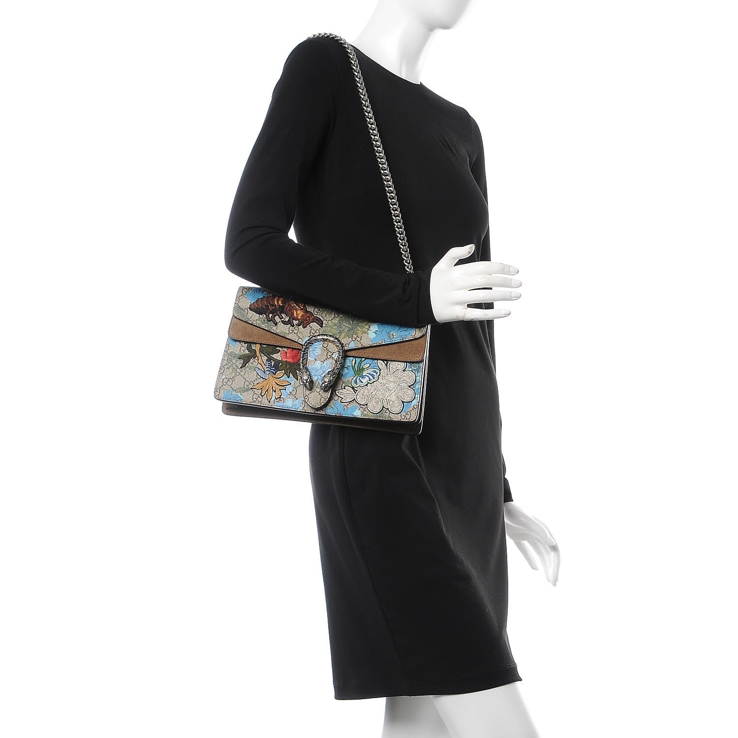 Gucci GG Supreme Monogram Blooms Print Embroidered Small Dionysus Shoulder Bag Blue Taupe 2 of 11
